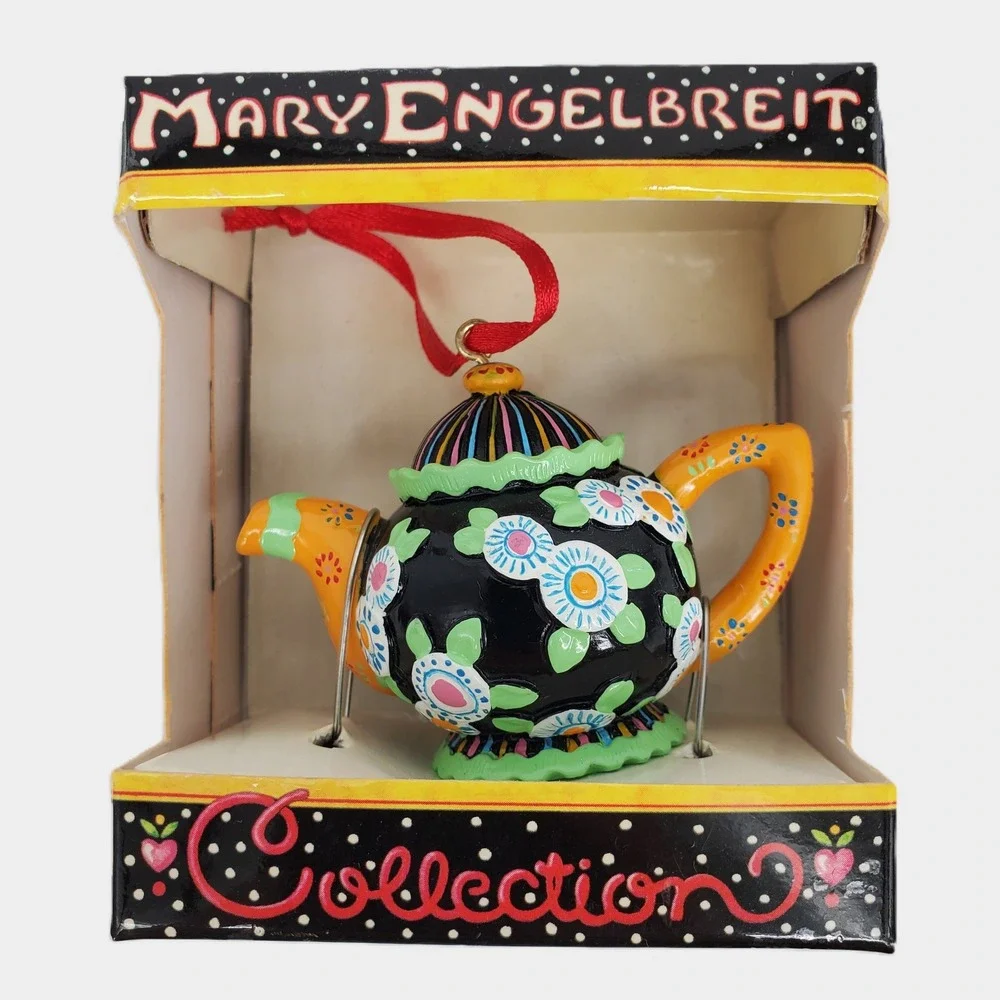 Mary‎ Engelbreit Miniature Teapot Ornament Floral Black Orange Collection Boxed